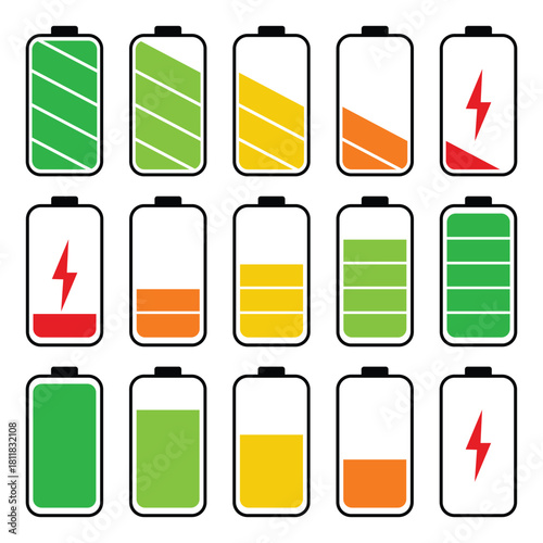 Charge battery level icon. battery icon. Battery power level pictograms. Collection of battery icons showing various charge levels and power status. eps 10