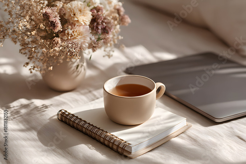 Cozy reading corner with tea and flowers on soft blanket