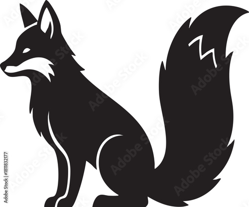 Stylized Sitting Fox Silhouette Vector Logo, Black and White Animal Icon