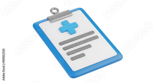 3D Medical Clipboard With Blue Cross And Text Lines