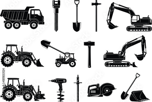 Black silhouette collection of heavy construction machinery and industrial tools featuring excavator truck tractor and equipment vector illustration set isolated on white.
