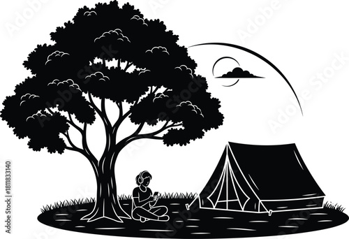 Black silhouette vector of camper sitting under tree with tent, using phone and headphones, nature camping background for summer holiday and leisure design art