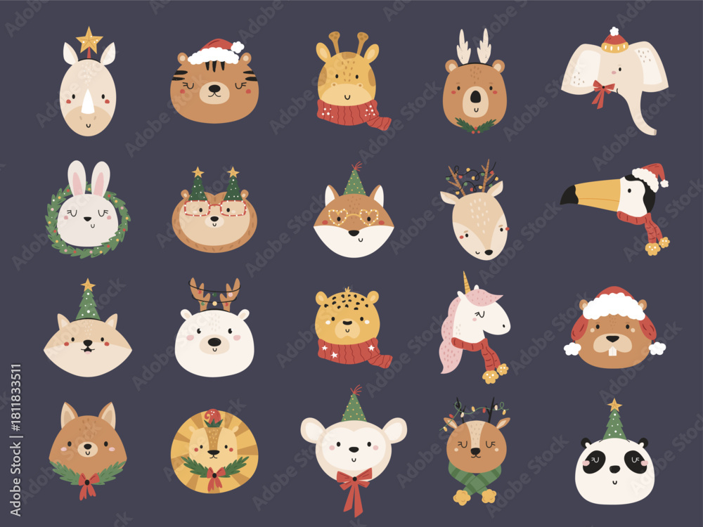 Naklejka premium Set of Cute Christmas Animal Face. Adorable Winter Holiday Clip Art