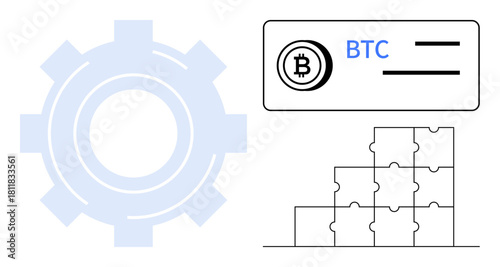 Blockchain concept. Blockchain elements including Bitcoin symbol, puzzles, and gear icon. Blockchain decentralized systems, digital currency, and technological innovation. For finance, crypto