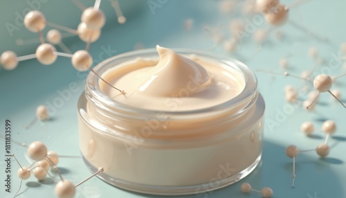 Jar of cosmetic cream with molecular structure elements. Skincare product with provitamin B5 for skin hydration and beauty. Scientifically formulated moisturizer for healthy complexion.