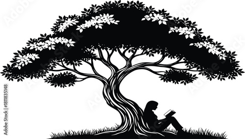 Black silhouette vector of woman reading book under big tree with roots, peaceful nature background for education and relaxation concept artBlack silhouette 