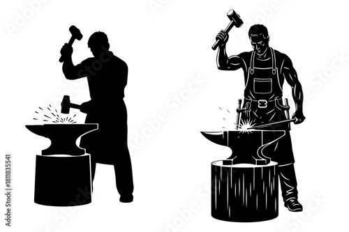 Blacksmiths at work forging metal silhouettes on white background