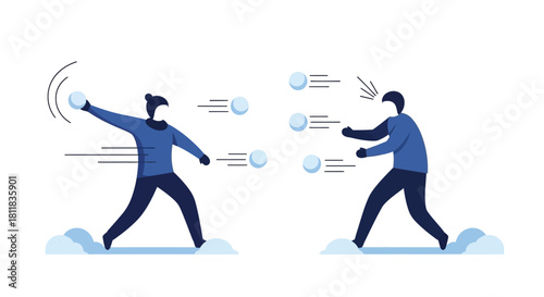 Two stylized people in blue winter clothing engaged in an active snowball fight, throwing and dodging snowballs.