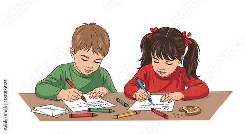 A young boy and girl sitting at a desk, focused on drawing with colorful crayons.