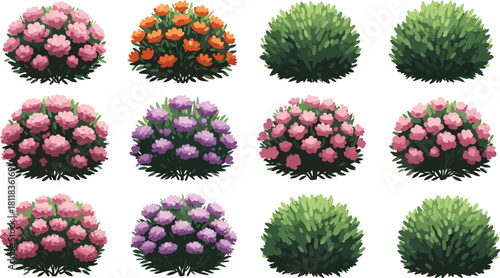 Collection of Vector Cartoon Bushes and Flowering Shrubs for Garden Landscape Design, Nature Scenes, and Game Assets