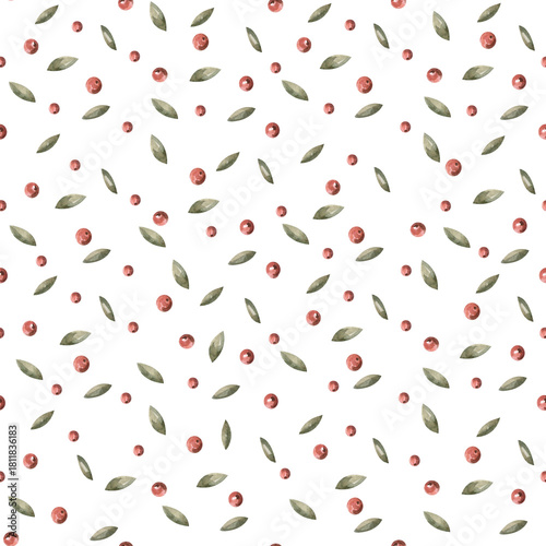 Seamless pattern with berries and leaves. Watercolor illustration for interior design, printing on clothing and fabric, cafe and restaurant decor, and packaging design.