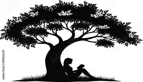 Black silhouette vector of woman sitting under large tree reading a book, peaceful nature background for education and relaxation concept art