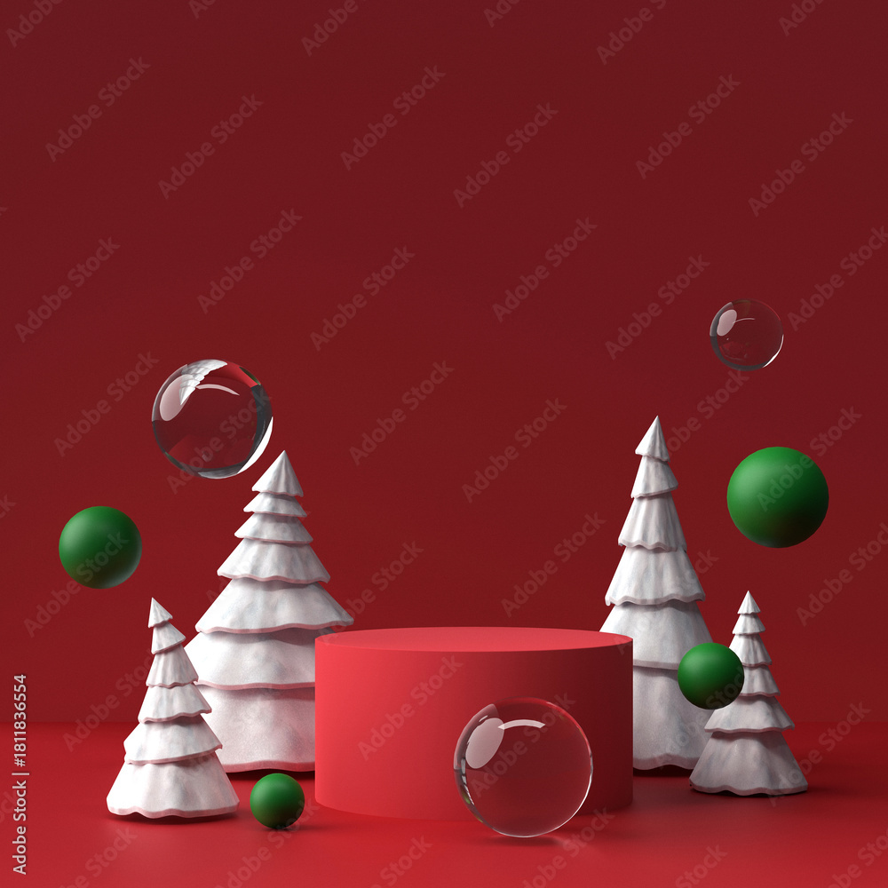 Obraz premium Christmas product display mockup. Red cylindrical podium with abstract white snow-covered trees and floating green and clear glass ornaments against a deep red background. Perfect for holiday sales