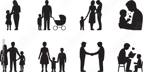 Family Silhouettes Various Activities And Poses Keywords: family, silhouette, people, parent