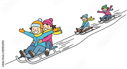 Children Sledding Downhill in Winter, Wearing Hats and Scarves, Cheerful Expressions.