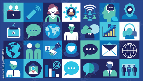 A collection of icons illustrating human interaction, showcasing communication, cooperation, and social engagement symbols..eps