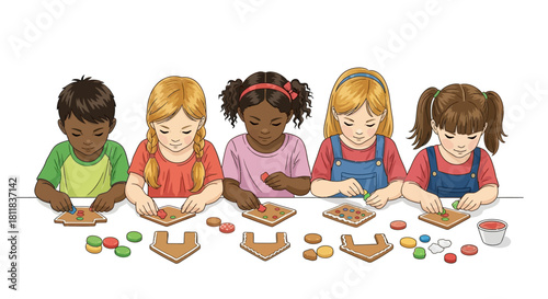 Diverse children assembling small wooden house puzzles with colorful pieces, engaged in creative play.