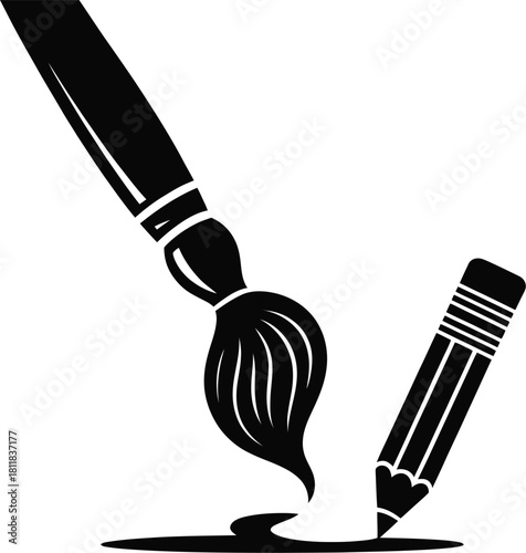 A paintbrush and pencil creating a flowing artistic design in black