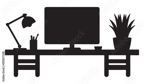  Silhouette of a modern desk with a computer monitor lamp and plant