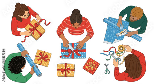 Diverse people from overhead wrapping colorful presents with ribbons and paper, preparing gifts.