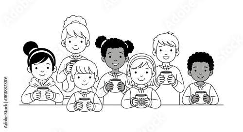 Group of Diverse Children Holding Mugs, Smiling, Black and White Illustration.