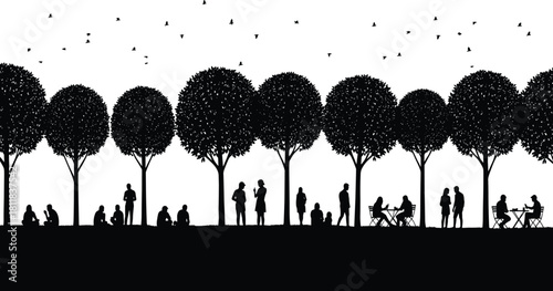 Silhouettes of People Relaxing, Socializing, and Enjoying Leisure Time in a City Park Underneath a Row of Trees, 