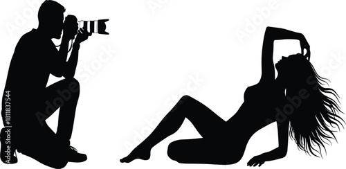 Silhouette of a Professional Photographer Taking Photos of a Sexy Female Model in a Seductive Pose, Symbolizing Photo Shoots, 