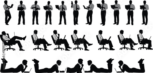 Silhouettes of businessmen working in different poses, using laptops and tablets while standing, sitting, and lying down.