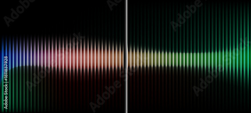 Vertical fluted acrylic with silver and neon rainbow glow. Holographic stripes and soft blur create a vibrant 3D render. Ideal for plastic inspired backgrounds or crystal liabstract rainbow background