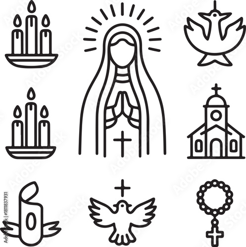 Religious Icons Set Virgin Mary Candles Church Dove Rosary