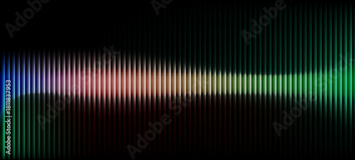 Ribbed neon glass 3d background with vertical striped texture, bright red blue gradient. Luminous transparent surface with lighting effect