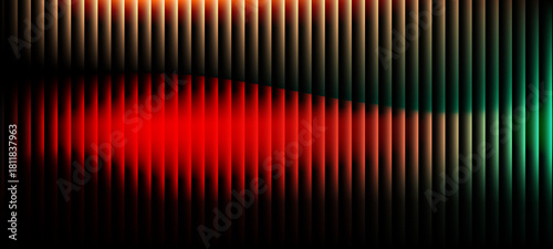 Ribbed neon glass 3d background with vertical striped texture, bright red blue gradient. Luminous transparent surface with lighting effect abstract colorful background