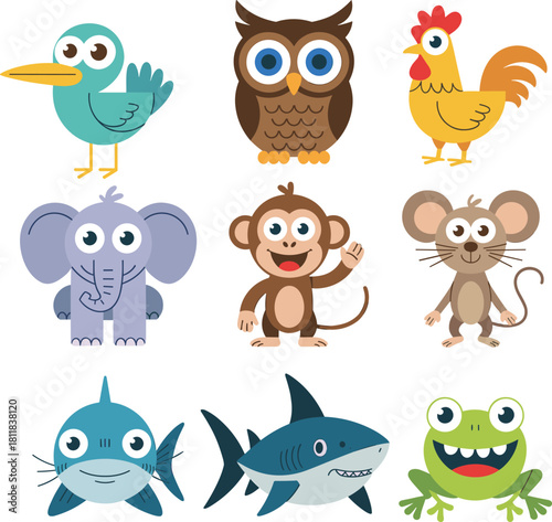 Cute cartoon animal collection featuring monkey elephant owl shark and frog vector illustration set isolated on white background for kids.