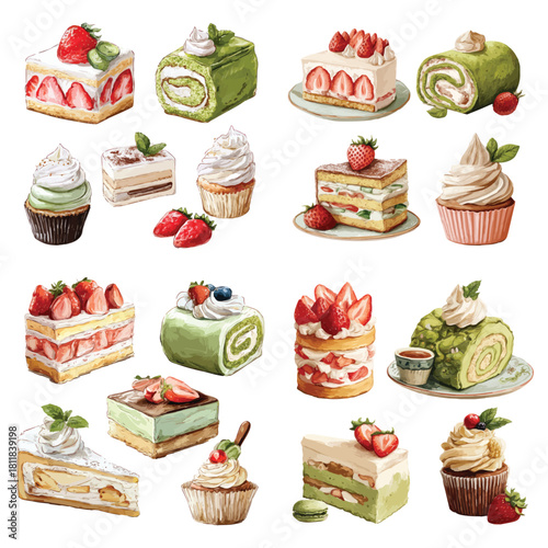Set of cute and lovely pastries, cakes, and cupcakes, roll cake, mint leaf decoration, strawberry milk tea cake, mochi beige cream ball, wafer cookie, suitable for a sticker design