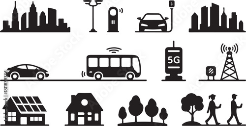 Smart city and technology icons in silhouette skyline
