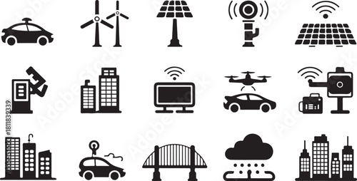 Smart city and technology icon set silhouette electric car