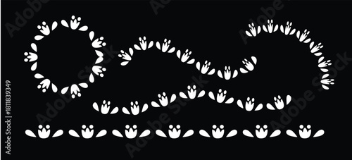 Set of decorative borders and frames made from a repeating white floral Mexican motif on a black background, arranged in various shapes.