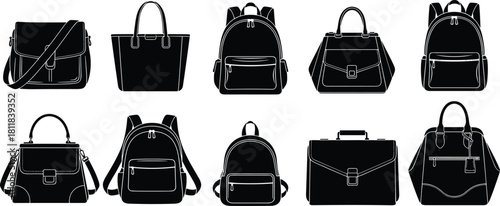 Black Silhouette Bag Collection Vector Set: Backpacks, Briefcases, Handbags, Tote Bags, Messenger Bags, and Modern Accessory Graphics