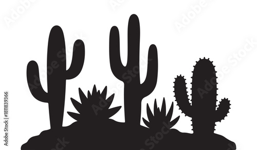  Silhouette of various desert cacti and succulents against a stark white background
