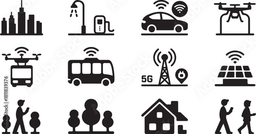 Smart city and technology icons with people and nature