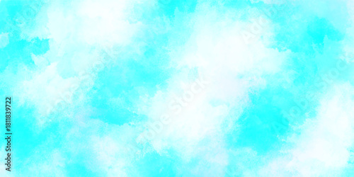 Watercolor blue water backgr. Decorative plaster with the effect of wet sil in grunge style blue skt white clouds simple photk. Delicate turquoise texture.ound. Hand painted watercolor sky and clouds,