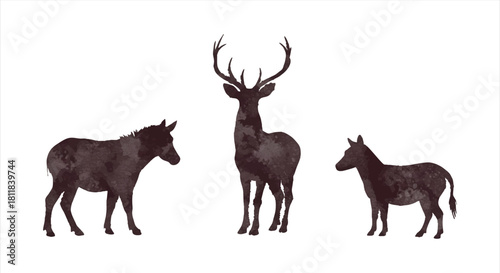 Serene woodland scene featuring a silhouette of a wild deer family, including bucks and a young fawn, symbolizing nature's tranquility and wilderness.