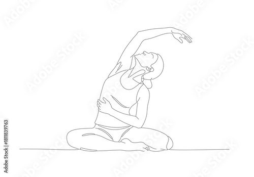 Minimalist continuous line art drawing of a woman practicing a side stretch yoga pose, promoting wellness and an active lifestyle