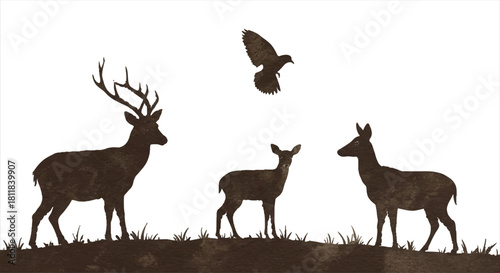 Majestic Deer Family Silhouette with Soaring Bird of Prey – Wildlife Scene