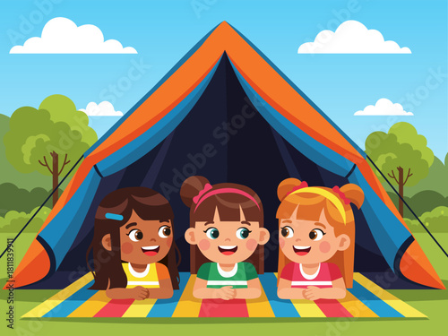 camping landscape camper silhouettes loving couple trailer mountains forest bonfire evening sunset outdoor recreation travelling illustration holiday