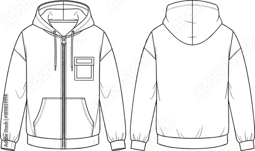 Technical fashion flat sketch of zip up hoodie with chest pocket, front and back view, cad drawing vector illustration template.