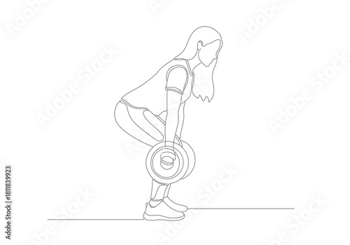 Elegant continuous line art drawing of a woman performing a deadlift, symbolizing strength and fitness