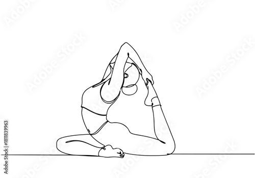 Beautiful continuous line art drawing of a female figure in a challenging yoga pose, showcasing fitness and flexibility