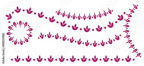 Collection of decorative magenta Mexican  borders and design elements featuring stylized leaf and dot patterns in various arrangements.