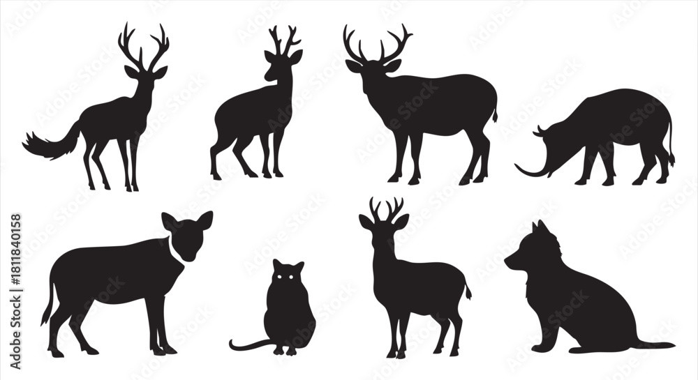 Obraz premium Striking Black Silhouettes of Wild Forest Animals and Domestic Pets Collection - Deer, Fox, Cat, and More on White Background for Graphic Design Resources